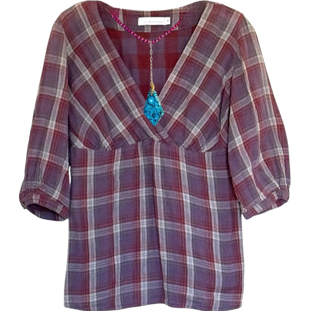 Cut Loose Burgundy and Gray Crinkle Lightweight Flannel Plaid Top Size Medium